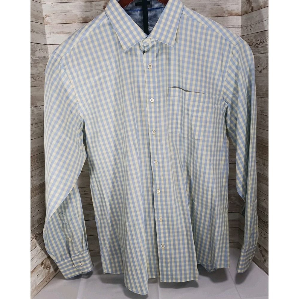 Bugatchi Men's Clasic Fit Blue & Yellow Plaid long sleeve button up Shirt Sz XL